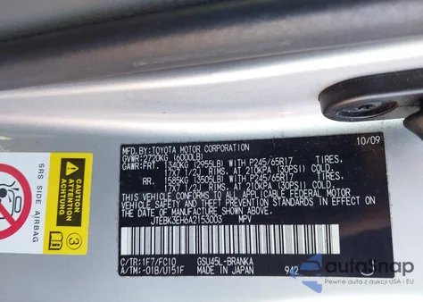 2010 Toyota Highlander Base V6 z USA, uszkodzony, nr VIN JTEBK3EH6A2153003